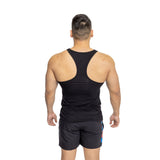 A man with short dark hair stands with his back to the camera, wearing a black Bells of Steel Bamboo Tank Top and black athletic shorts against a white background.
