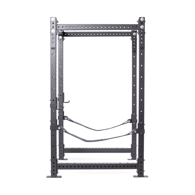 A stylish Bells of Steel Hydra Four Post Power Rack Builder, crafted from black metal and featuring adjustable safety straps, modular components, and Hydra Attachments, set against a simple white background.