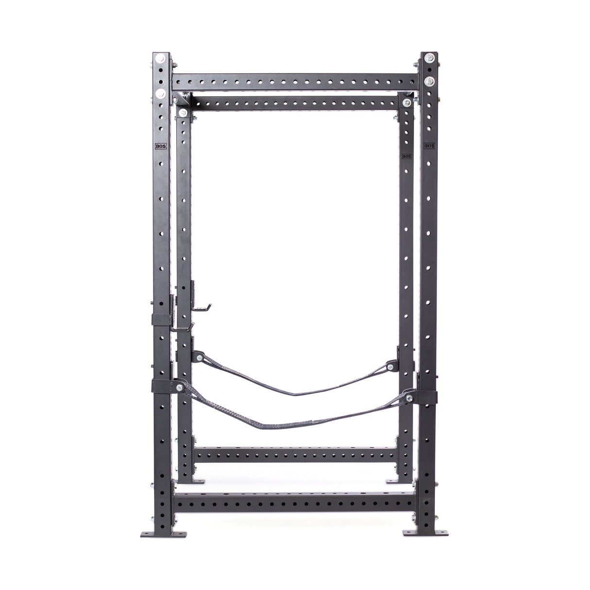 The Hydra Four Post Power Rack - Prebuilt by Bells of Steel, featuring a sleek black rectangular design with 3" x 3" posts and ⅝" holes, stands on a white background. It includes adjustable safety bars, numbered hole positions, modular components, and compatible attachments for versatile weightlifting exercises.