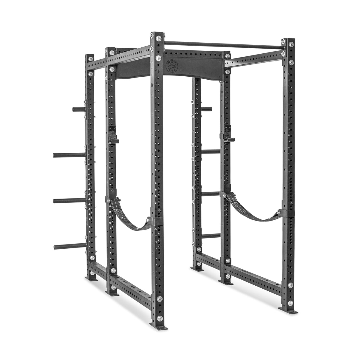 The Hydra Six Post Power Rack Builder by Bells of Steel features adjustable ⅝" holes, safety straps, and convenient weight holders on the sides, all set against a white background.