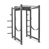 The Hydra Six Post Power Rack Builder by Bells of Steel features adjustable ⅝" holes, safety straps, and convenient weight holders on the sides, all set against a white background.