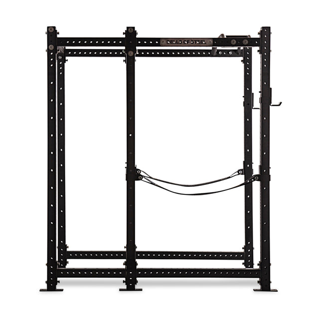 Bells of Steel's Hydra Six Post Power Rack Builder, made of black metal and supporting up to 1,000 pounds, offers versatile weightlifting options with its 3" x 3" frame and ⅝" holes for adjustable attachments. It includes safety straps and a pull-up bar for enhanced strength training.