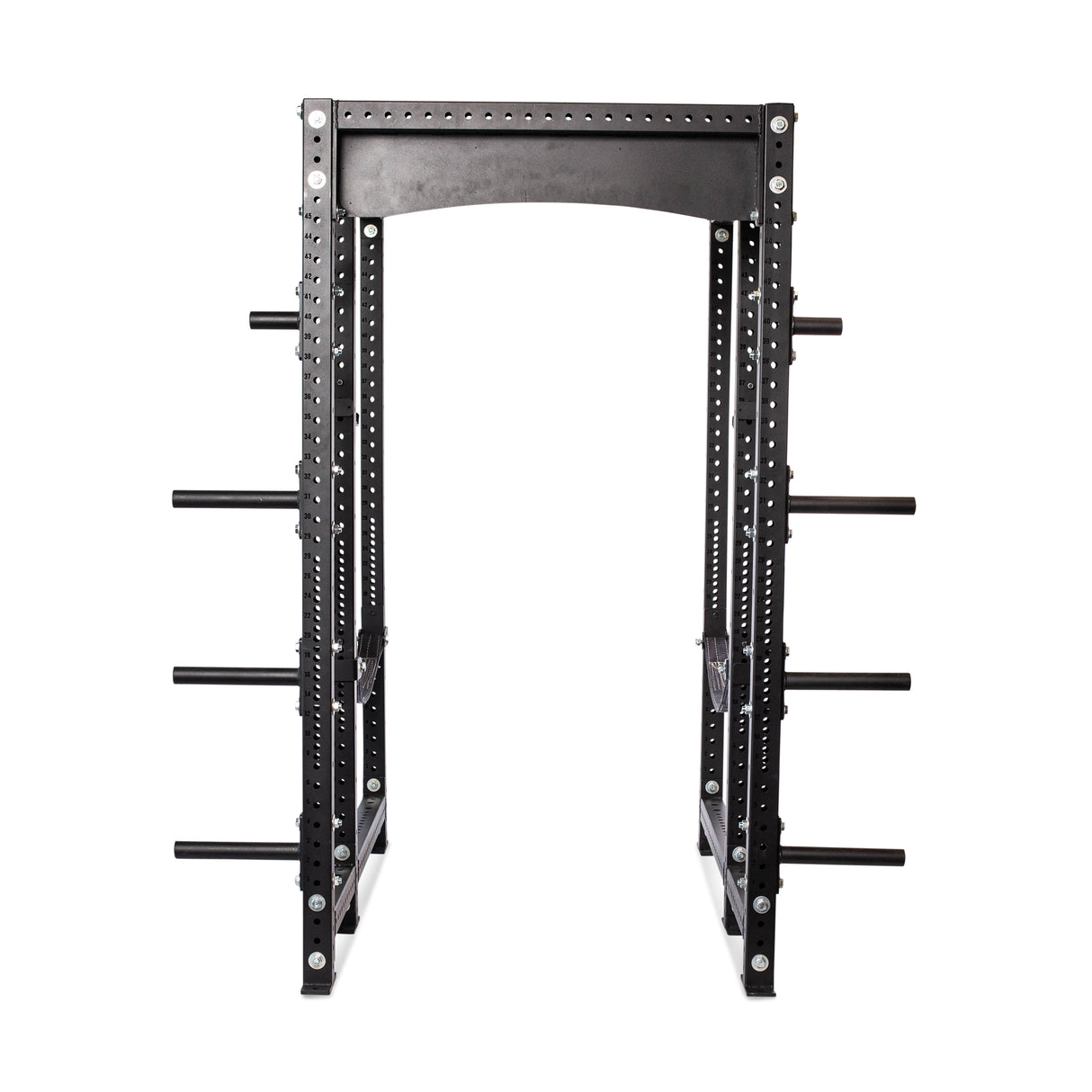 The Hydra Six Post Power Rack Builder by Bells of Steel, with a 1,000-pound capacity and multiple ⅝" adjustable holes, includes side vertical storage pegs for weight plates. Its sturdy 3" x 3" frame is ideal for strength training exercises such as squats and bench presses.