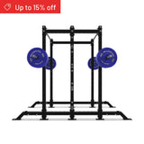 The Bells of Steel Hydra 2-Sided Rack is shown in black with blue weight plates on a barbell against a white background. Perfect for home gyms. A red banner at the top left says "Up to 15% off.