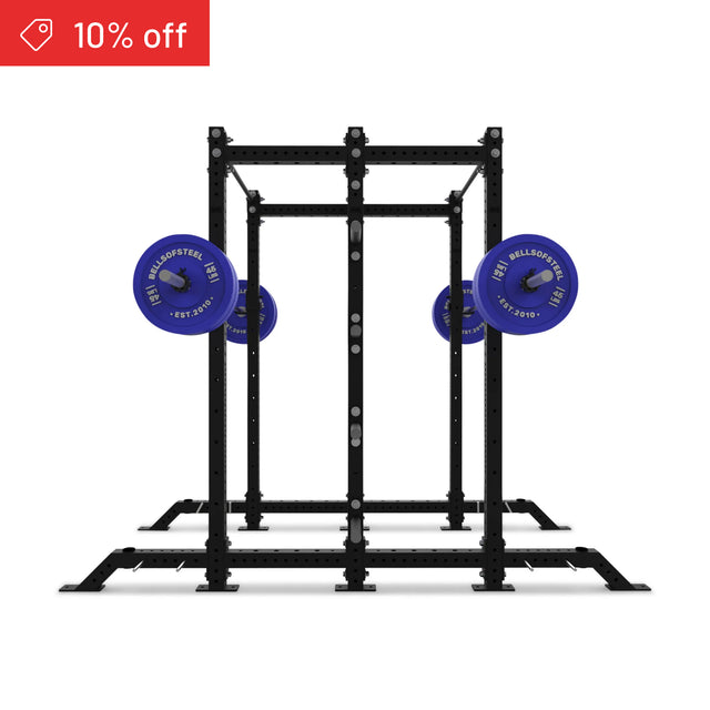 The Bells of Steel Hydra 2-Sided Rack is shown with four blue weight plates on each side, isolated on a white background. A red "10% off" banner appears in the top left—perfect for upgrading your home gym setup.