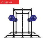 A black Bells of Steel Hydra 2-Sided Rack with blue weight plates on each side is shown on a white background, featuring a red "10% off" banner—perfect for those seeking a premium power rack.