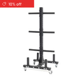 The Bells of Steel Hydra Bumper Plate Tree Builder is a black vertical storage rack on wheels with multiple horizontal arms for holding weights, ideal for home gyms. A red "10% off" sale tag appears in the top left corner.