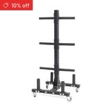 The Bells of Steel Hydra Bumper Plate Tree Builder is shown with multiple horizontal storage bars and four caster wheels on a white background. A red "10% off" corner banner with a price tag icon highlights this gym storage essential.