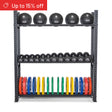 The Bells of Steel Hydra Storage Builder is a metal rack for vertical gym storage of medicine balls, dumbbells, and colorful weight plates. A red banner in the top left corner announces “Up to 15% off.”.