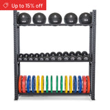 The Bells of Steel Hydra Storage Builder is a metal rack for vertical gym storage of medicine balls, dumbbells, and colorful weight plates. A red banner in the top left corner announces “Up to 15% off.”.