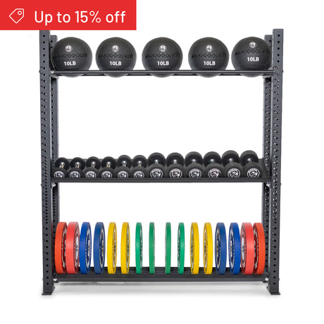 The Bells of Steel Hydra Storage Builder is a metal rack for vertical gym storage of medicine balls, dumbbells, and colorful weight plates. A red banner in the top left corner announces “Up to 15% off.”.