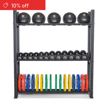The Bells of Steel Hydra Storage Builder neatly organizes medicine balls on top, black dumbbells in the middle, and colorful weight plates below. A red "10% off" banner highlights this perfect solution for your home gym storage needs.