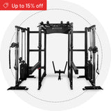 The Hydra Trident Station by related_to_7424212697140, a black multi-functional home gym rack with cables and attachments, is shown on a white background. A red banner in the top left corner reads “Up to 15% off.”.
