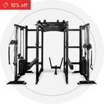 The Hydra Trident Station by related_to_7424212697140 is a large black multi-functional home gym rack with pulleys, handles, and weights on a light background. A red tag in the corner offers "10% off.