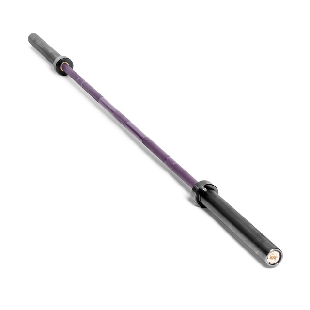 Depicted diagonally against a white background is the Bells of Steel Multi-Purpose Olympic Barbell, known as The Utility Bar, featuring black ends and a purple shaft with medium-light knurling.