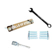 A spanner, screws, a "BELLS OF STEEL" bar, and a "BOS" key are neatly arranged on a white background as part of the Hydra Hardware kit for the Hydra Power Rack.