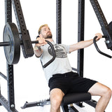 male model using lever arms rack attachment for strength training