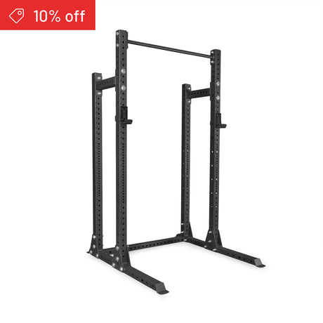 The Bells of Steel Hydra Half Rack Builder (3" x 3", ⅝" holes) in black metal stands on a white background, ideal for home gyms. A red label at the top left shows "10% off.