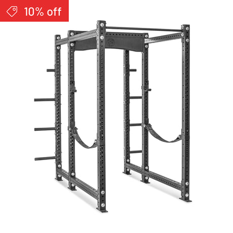 The Bells of Steel Hydra Six Post Power Rack Builder (3" x 3", ⅝" Holes) in black features safety straps and weight plate storage, shown on a white background with a red "10% off" tag in the top left corner.