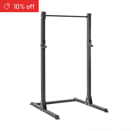 The Bells of Steel Hydra Squat Stand Builder (3" x 3", ⅝" Holes) with adjustable supports and pull-up bar is shown on a white background. A red banner in the top left corner announces "10% off." Perfect for any home gym.