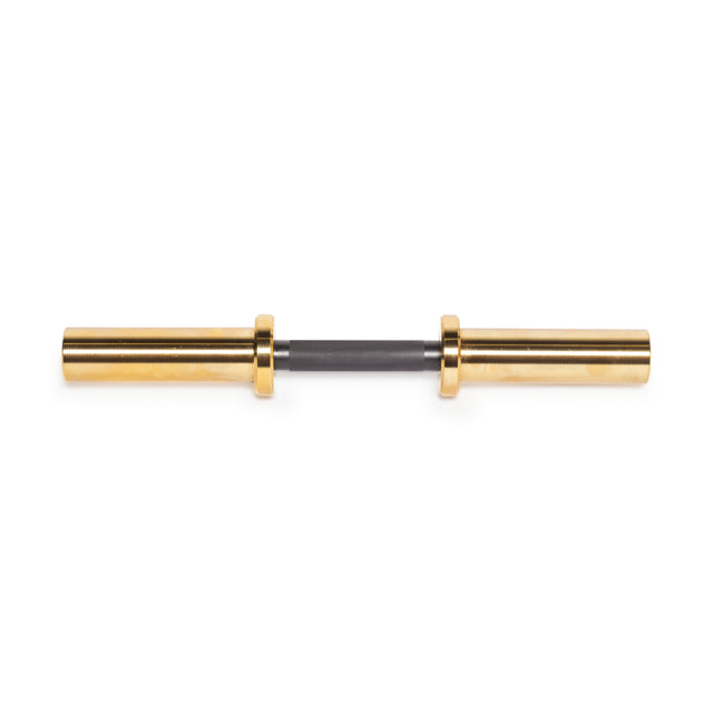 A gold and black Loadable Dumbbell Handle from Bells of Steel is horizontally positioned on a plain white background. This piece of gym equipment features a long, cylindrical design with gold ends and a black grip in the center.