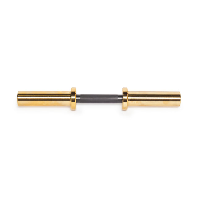 The Bells of Steel Loadable Dumbbell Handle features a gold finish with a black central grip, shown on a white background—perfect for enhancing your home gym equipment setup.