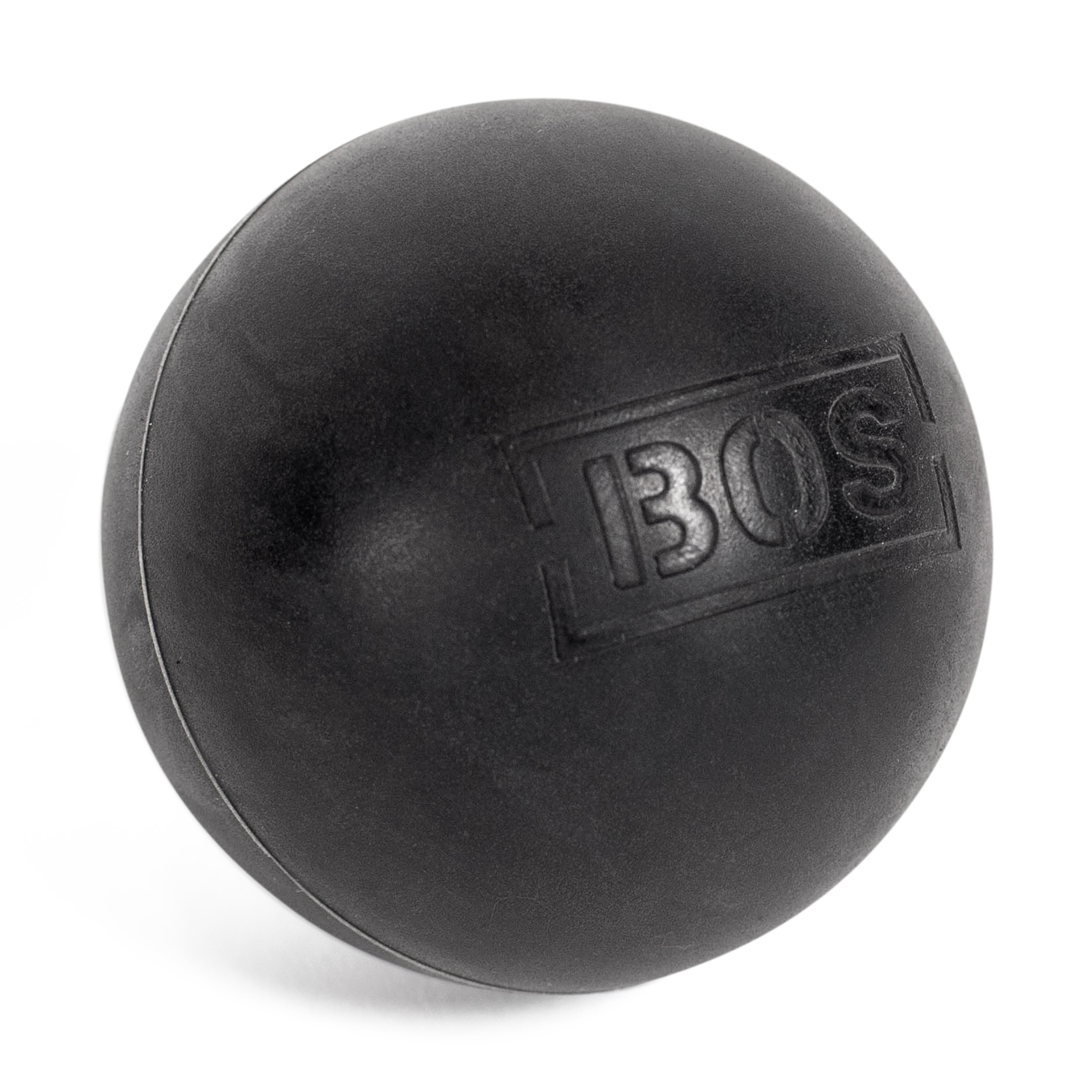 A massage ball from Bells of Steel, embossed with "BOS" on its black surface, expertly crafted as the perfect mobility tool for therapeutic muscle massage and relief.