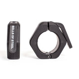 Two black Bells of Steel Magnetic Clamp Collars, one upright and one flat with the clamp lever open, are shown against a white background. These barbell collars securely hold weight plates in place.
