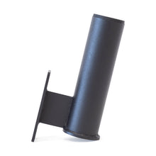 The Bells of Steel Vertical Mount Barbell Holder Rack Attachment, shown angled against a white background, features a black metal cylindrical bracket with a flat rectangular base—perfect for organizing barbells on your power rack.