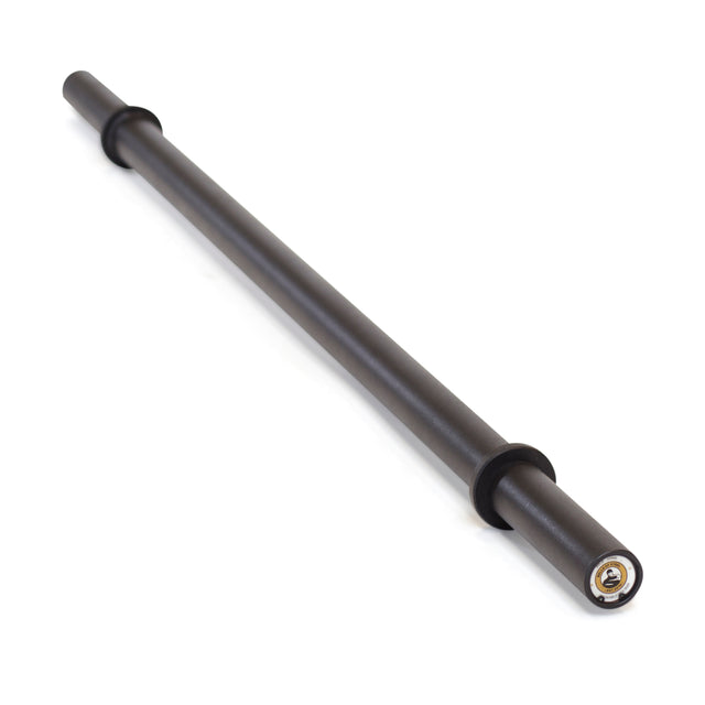 The Bells of Steel Axle Bars, designed to resemble an Olympic barbell with its long, black cylindrical shape and circular grooves near each end, is photographed against a white background.