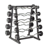 The Bells of Steel Fixed Barbells - Easy Curl, featuring black weights on each end, are organized on a sleek black metal rack with horizontal rows for convenient access in any gym or home gym.
