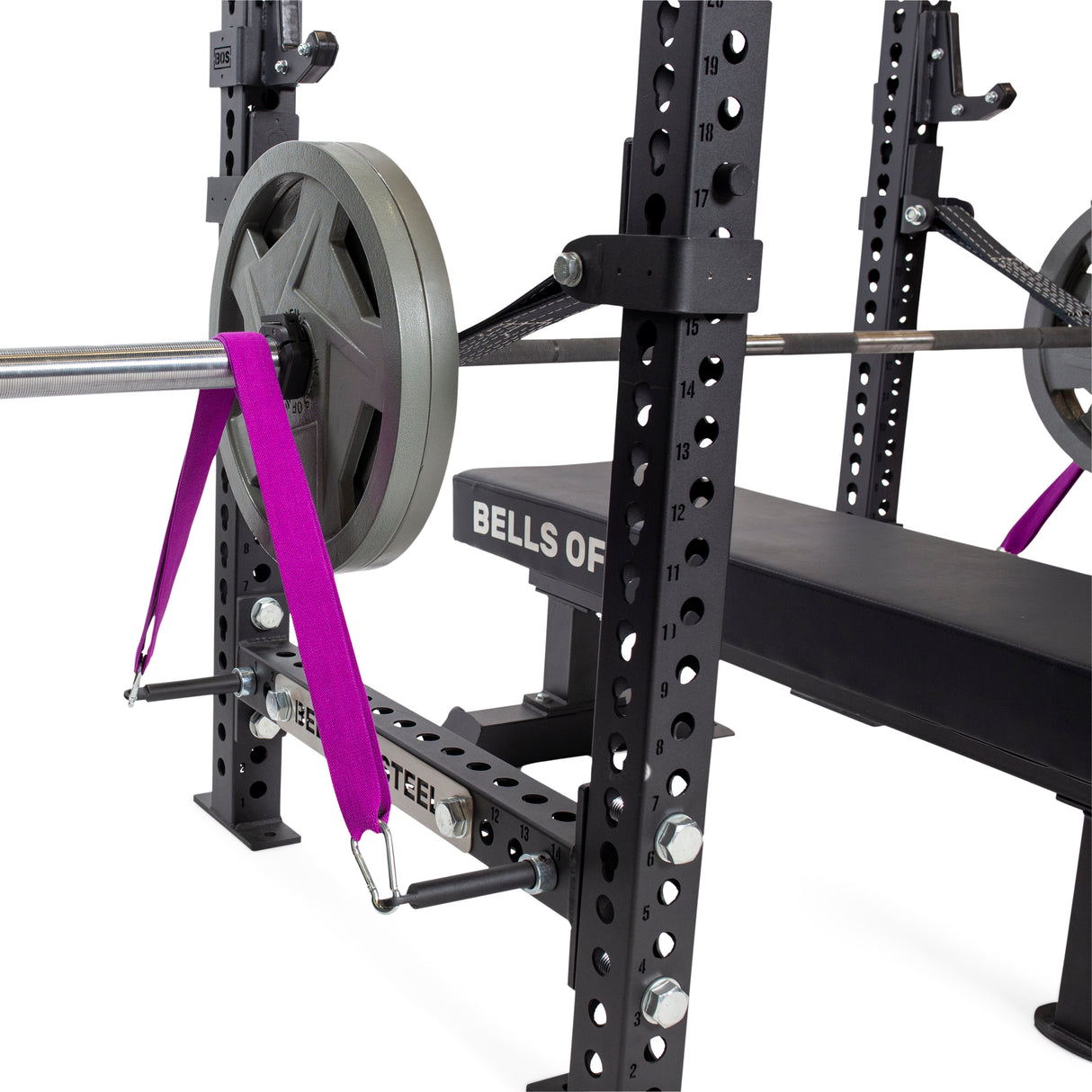 Power rack setup with barbell, weight plates and Band Pegs with Carabiners