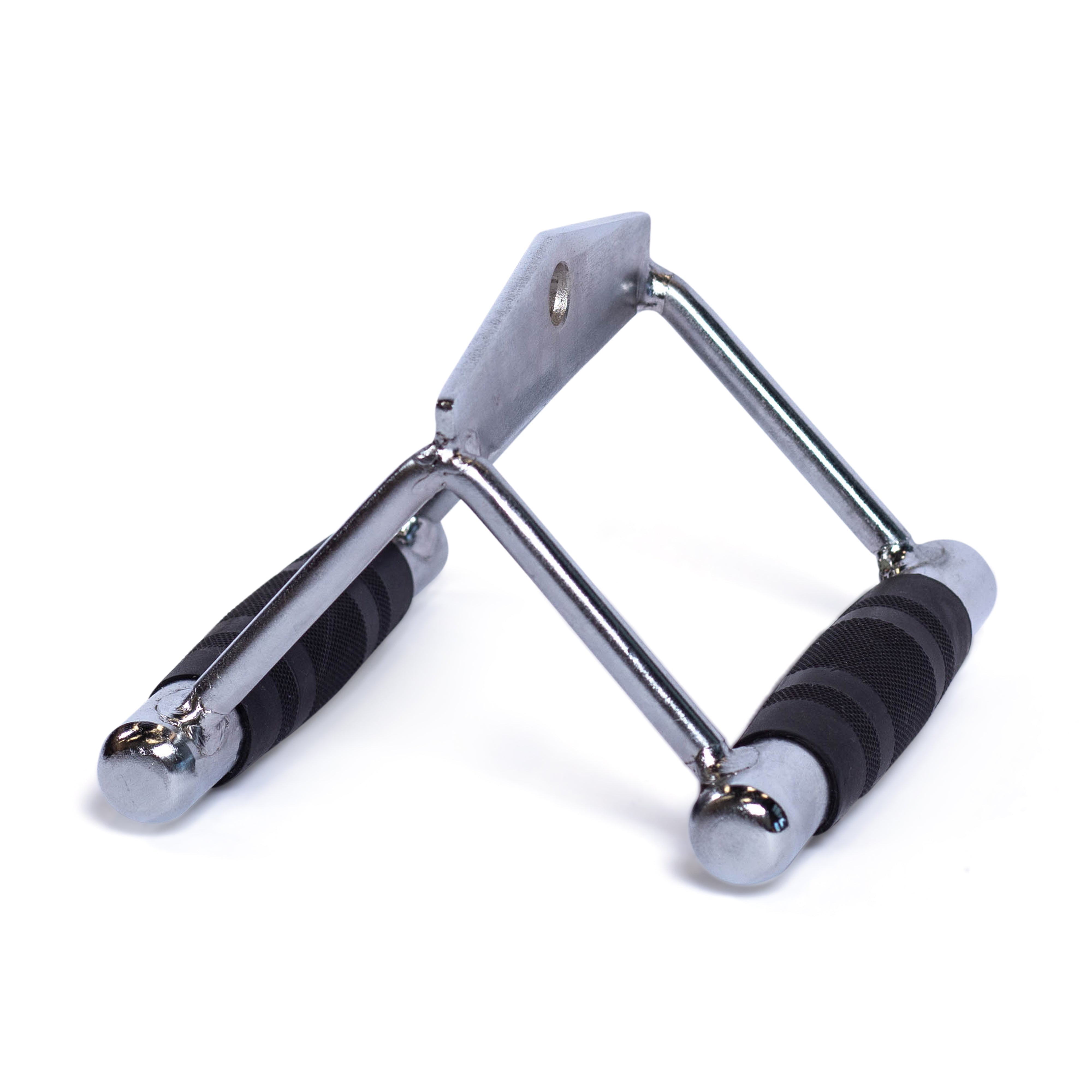 The Bells of Steel Double D Handle Cable Attachment, a metal V-shaped handle featuring black rubber grips and ideal for cable rows and lat pulldowns on fitness equipment, is elegantly showcased against a white background.