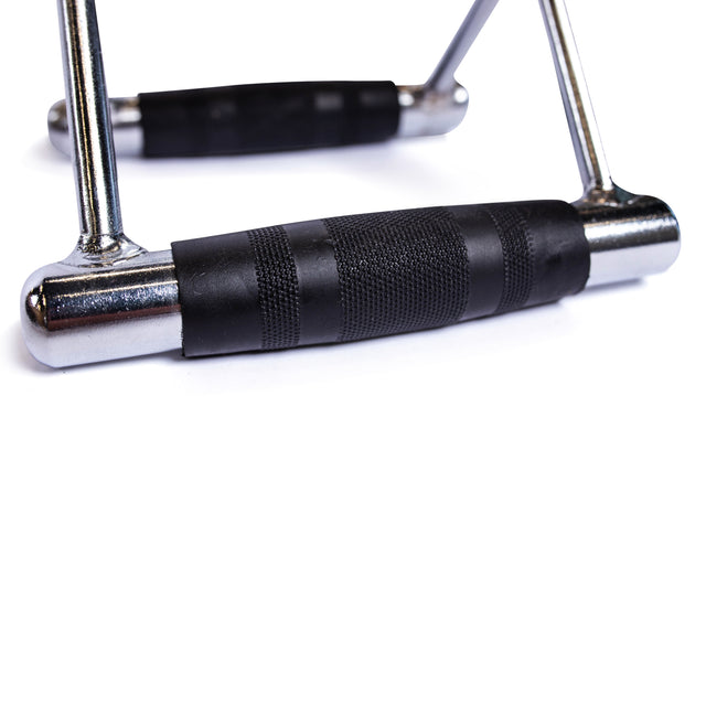 Close-up of the Bells of Steel Double D Handle Cable Attachment, featuring chrome plating and black textured grips, designed for exercises like cable rows and lat pulldowns, set against a white background.