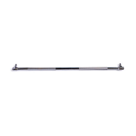 The Bells of Steel Double Hook Straight Bar Cable Attachment, featuring textured grips and angled ends, is attached to a cable machine against a white background—ideal for elevating your barbell workouts.
