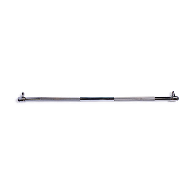 The Bells of Steel Double Hook Straight Bar Cable Attachment, featuring textured grips and angled ends, is attached to a cable machine against a white background—ideal for elevating your barbell workouts.