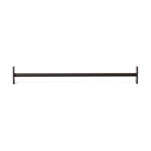 The Bells of Steel Straight Pull Up Bar is a sleek black metal rod positioned horizontally against a white background, with flat rectangular end brackets on both sides for mounting, ideal for strength training setups.