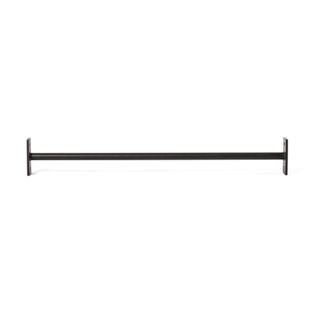 The Bells of Steel Straight Pull Up Bar is a sleek black metal rod positioned horizontally against a white background, with flat rectangular end brackets on both sides for mounting, ideal for strength training setups.