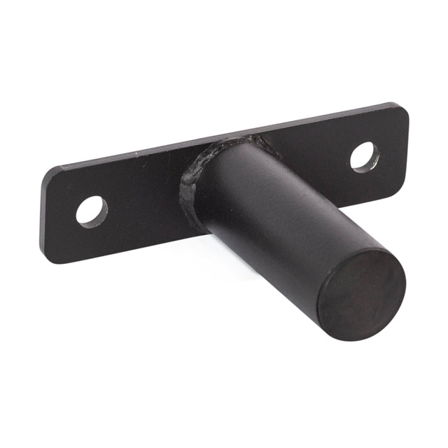 Introducing the Bolt-On Plate Pegs by Bells of Steel: A black metal bracket featuring a cylindrical post and a rectangular base with two mounting holes, specifically designed to securely hold Olympic-sized weight plates.