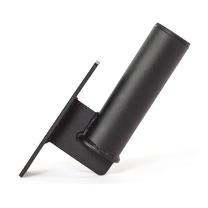 The Bells of Steel Vertical Mount Barbell Holder Rack Attachment is a black metal bracket with a cylindrical tube and flat mounting plate, perfect for organizing barbells on power racks, shown against a white background.