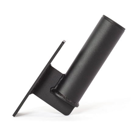 The Bells of Steel Vertical Mount Barbell Holder Rack Attachment is a black metal bracket with a cylindrical tube and flat mounting plate, perfect for organizing barbells on power racks, shown against a white background.