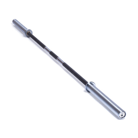 The Bells of Steel Powerlifting Bar, featuring a silver finish and black knurled grip section, is shown on a white background. Built to IPF specs, it’s ideal for serious lifters seeking reliable performance.