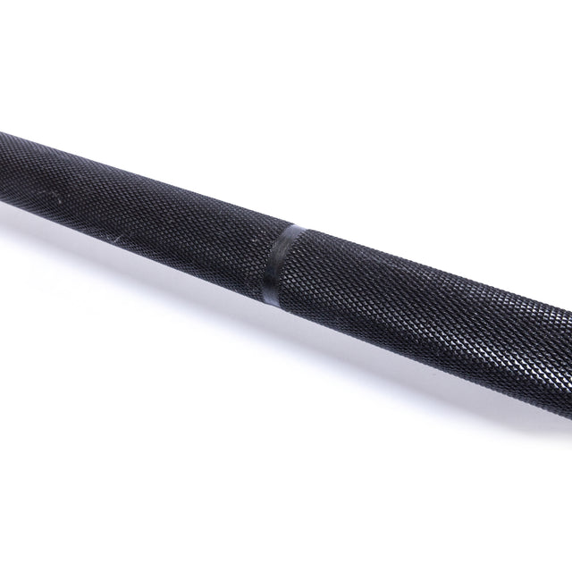 Close-up of the Bells of Steel Powerlifting Bar showcasing its black textured metal design and knurled grip section, ideal for weightlifting. The plain white background accentuates the bar's surface details.