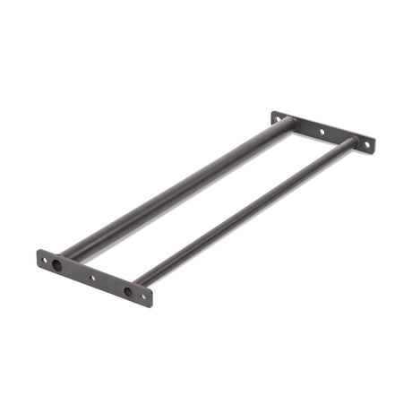 The Bells of Steel Fat/Skinny Pull Up Bar features two parallel metal rods joined by flat plates with four mounting holes at each end, forming an open rectangular power rack frame.
