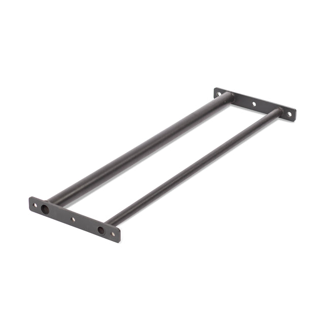 The Bells of Steel Fat/Skinny Pull Up Bar features two parallel metal rods joined by flat plates with four mounting holes at each end, forming an open rectangular power rack frame.