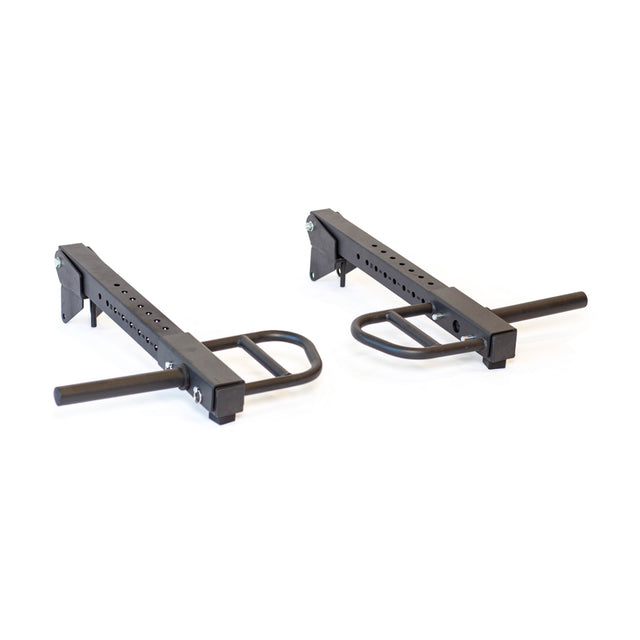 The Bells of Steel Lever Arms Rack Attachment is a pair of black metal squat rack arms with adjustable height settings and safety pins, reinforced by horizontal and vertical support bars, compatible with Hydra Lever Arms for versatile workouts.