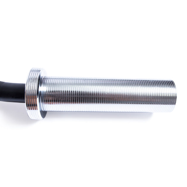 Close-up of a metallic barbell sleeve, highlighting its shiny, grooved finish against a white background. This sleeve is similar to those on the 47" EZ Curl Bar from Bells of Steel, a key component for weightlifting and bicep curls to boost arm development.