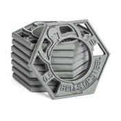 Hexagonal cast iron plates with a snake design feature the text "BELLS OF STEEL" and weight numbers, ideal for Olympic barbells. Product: Fractional Iron Plates - 0.5 LB by Bells of Steel.