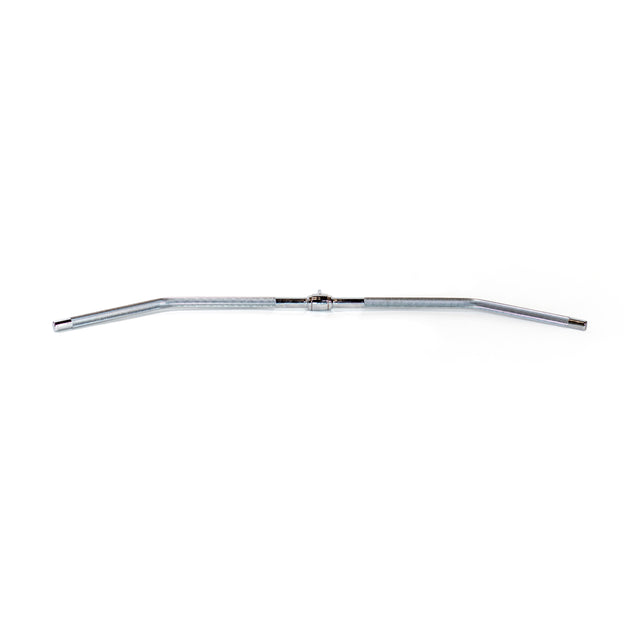 The Bells of Steel Lat Pulldown Bar, a polished steel exercise bar with slight bends on each end, is perfect for weightlifting or strength training when used with a cable machine. It is displayed against a white background.