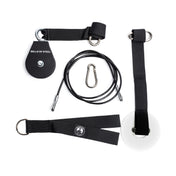 Displayed on a white background, the Cable Pulley system by Bells of Steel is crafted for effortless compatibility with your power rack. It comprises a black cable pulley, a cable with hook, carabiner, and black straps featuring metal rings. The brand name "Bells of Steel" is prominently printed to guarantee durability and reliability.